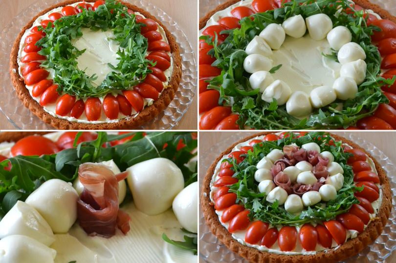 8 aggiungere rucola mozzarelline prosciutto