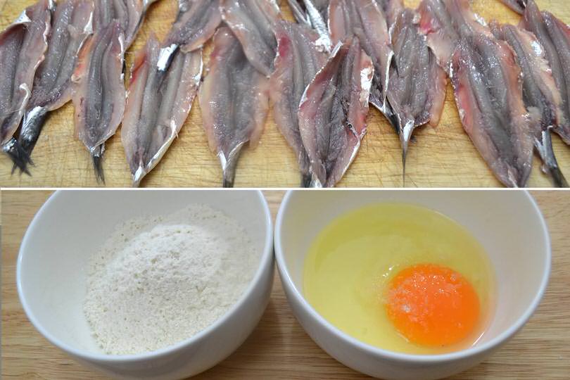 1 pulire alici e preparare farina uova