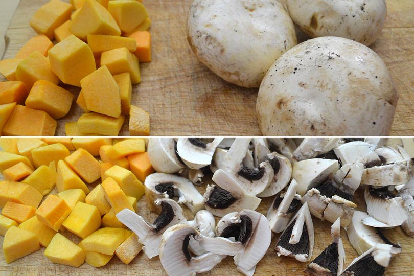 1 tagliare zucca e funghi