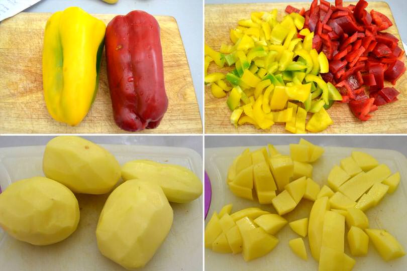 1 tagliare peperoni e patate