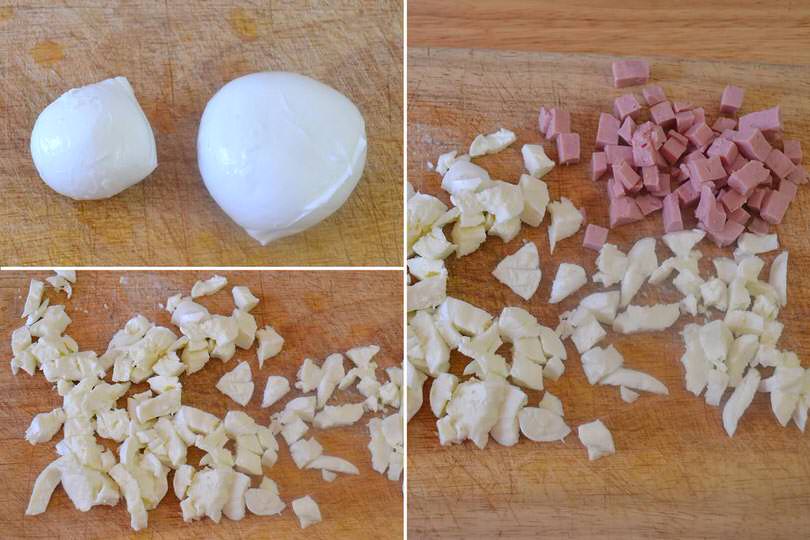 1 tagliare mozzarella e prosciutto