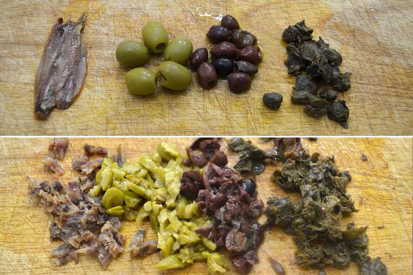 1 sminuzzare acciughe capperi olive